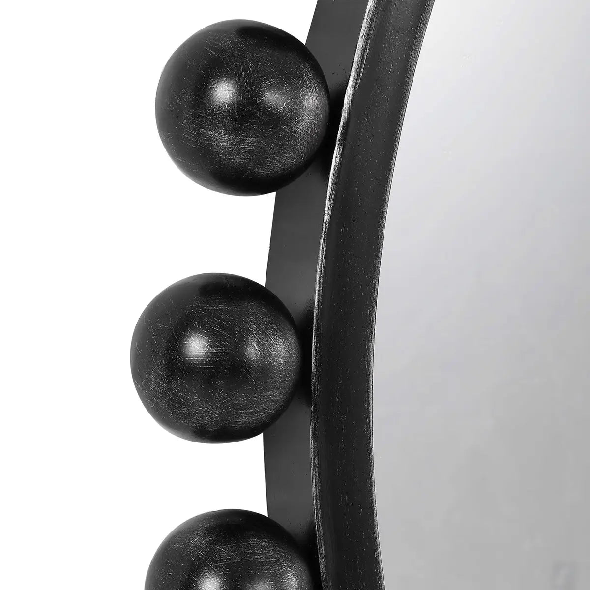 Close-up of the Black Beaded Round Mirror showcasing its intricate craftsmanship and finish