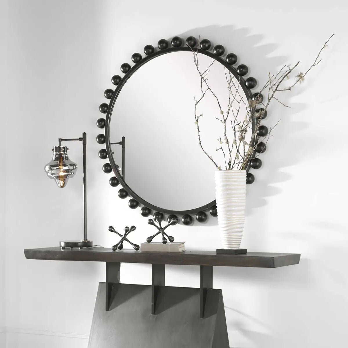 Black Beaded Round Mirror