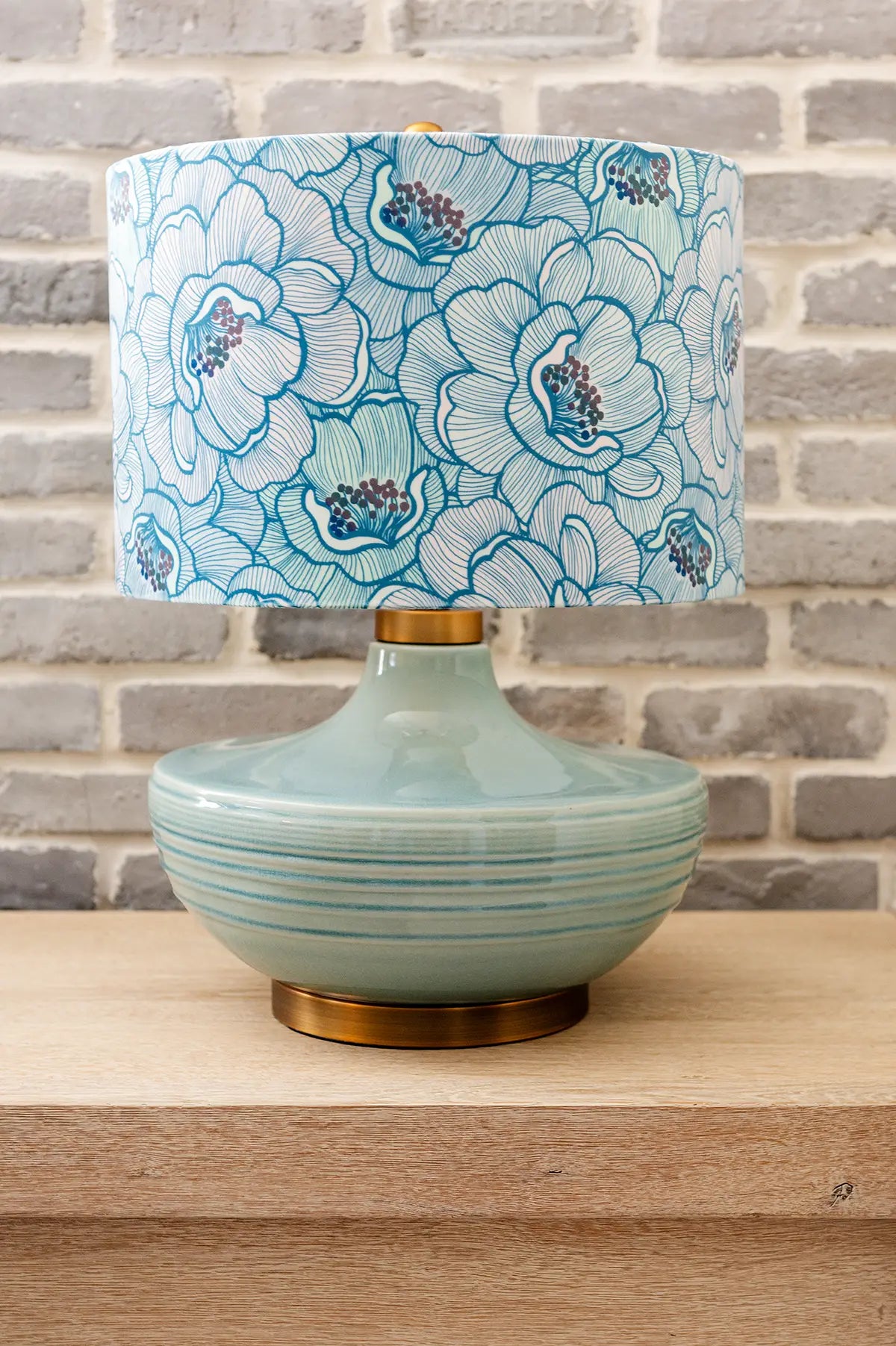 Aqua Table Lamp with Velvet Florals Handmade Lampshade