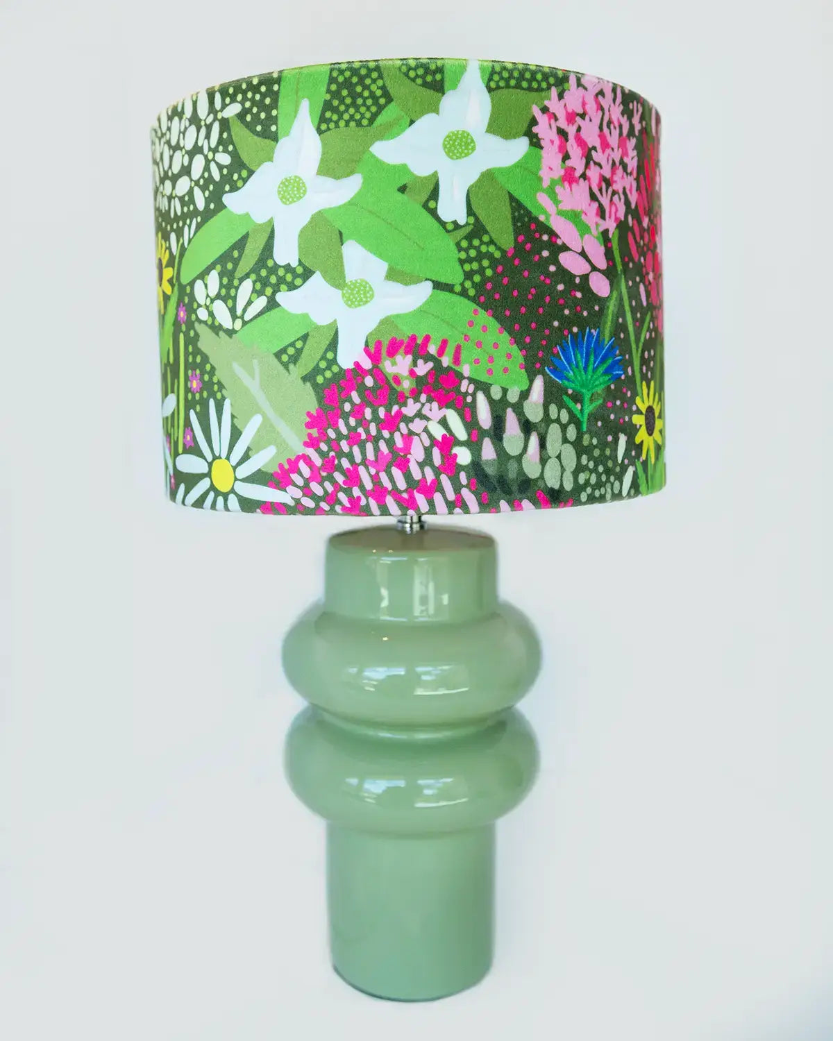 Green Table Lamp with Meadow Handmade Lampshade