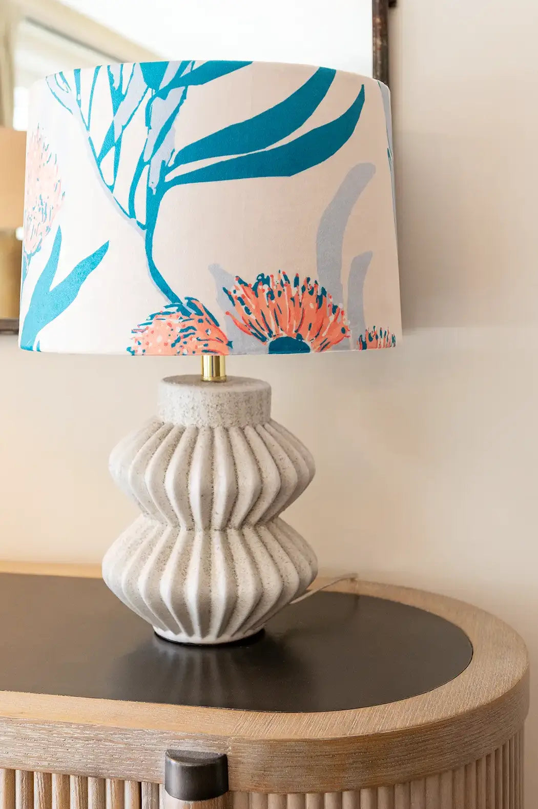 White Fluted Terracotta Table Lamp with Velvet Handmade Lampshade