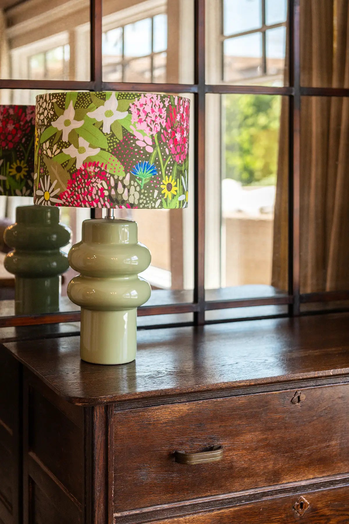 Green Table Lamp with Meadow Handmade Lampshade