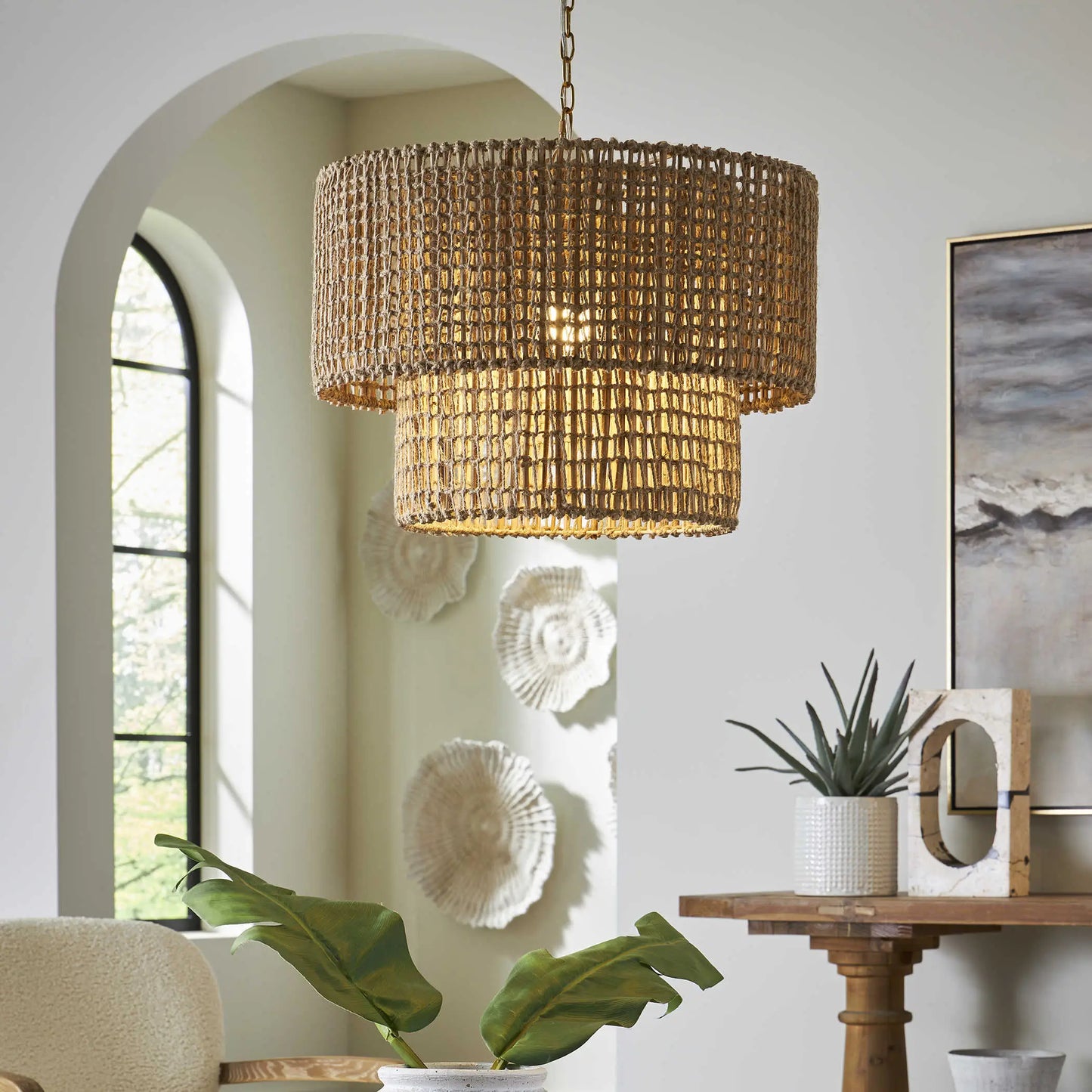 Natural Woven Jute 2-Tiered Chandelier