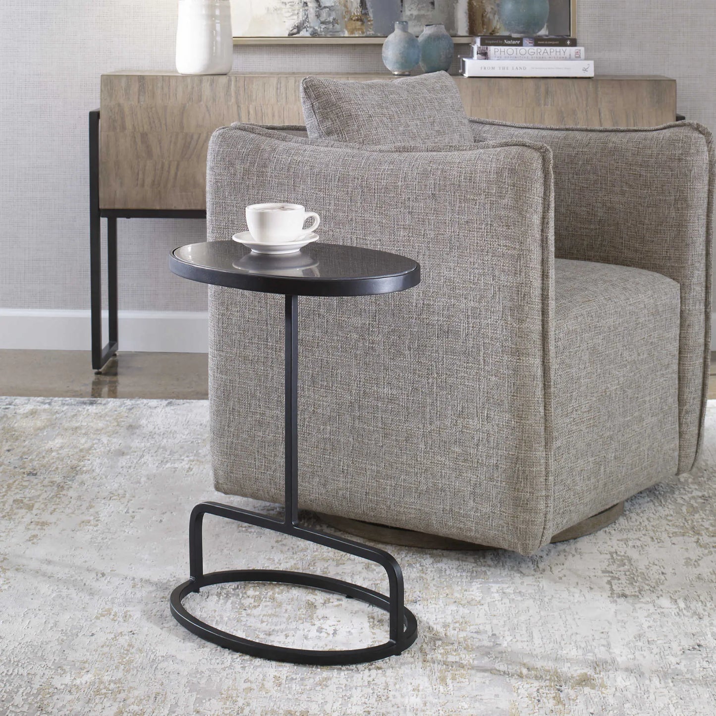 Oval Marble and Metal Accent Table