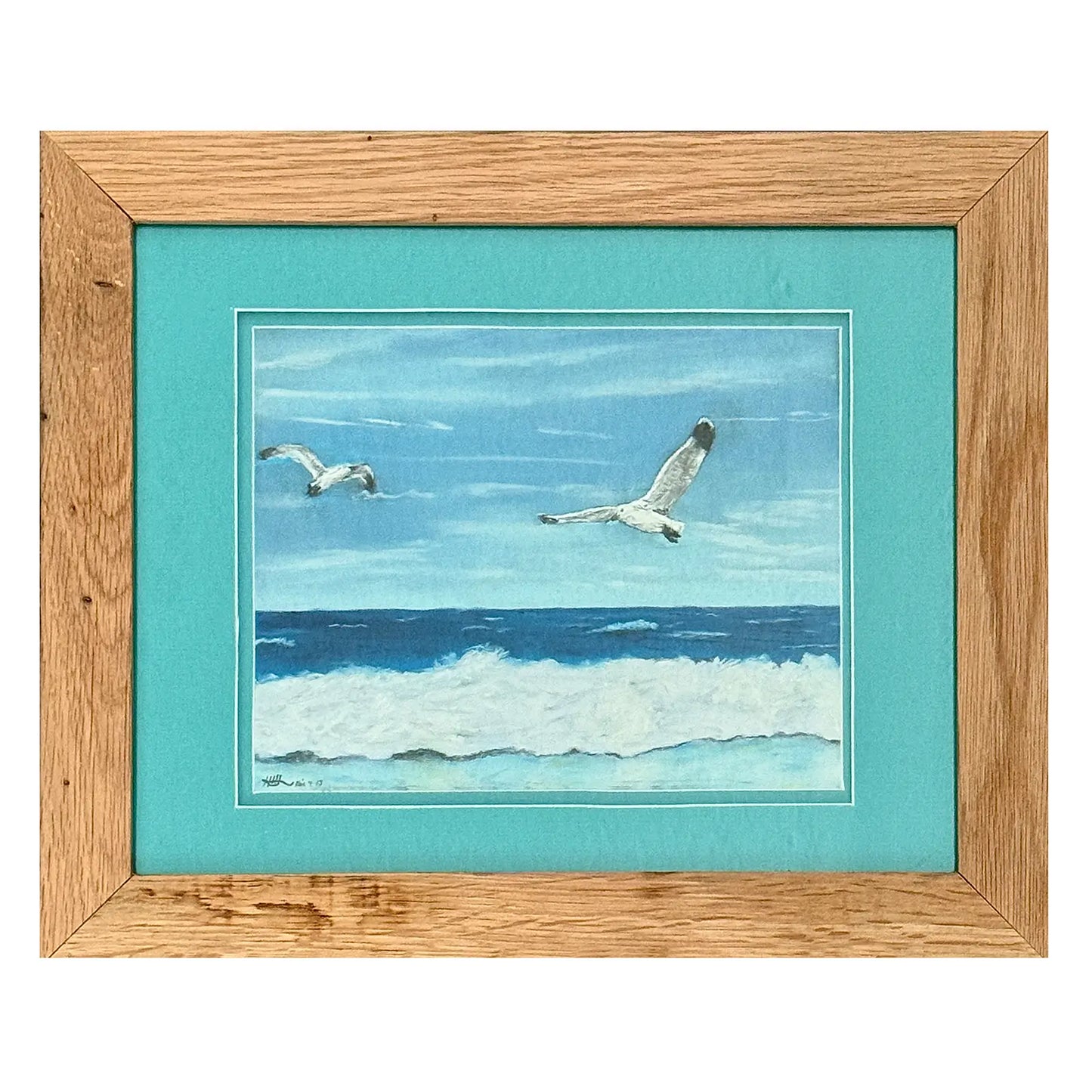 Dinner Time coastal pastel artwork by Herb Heinrichs showing seagulls flying above ocean waves