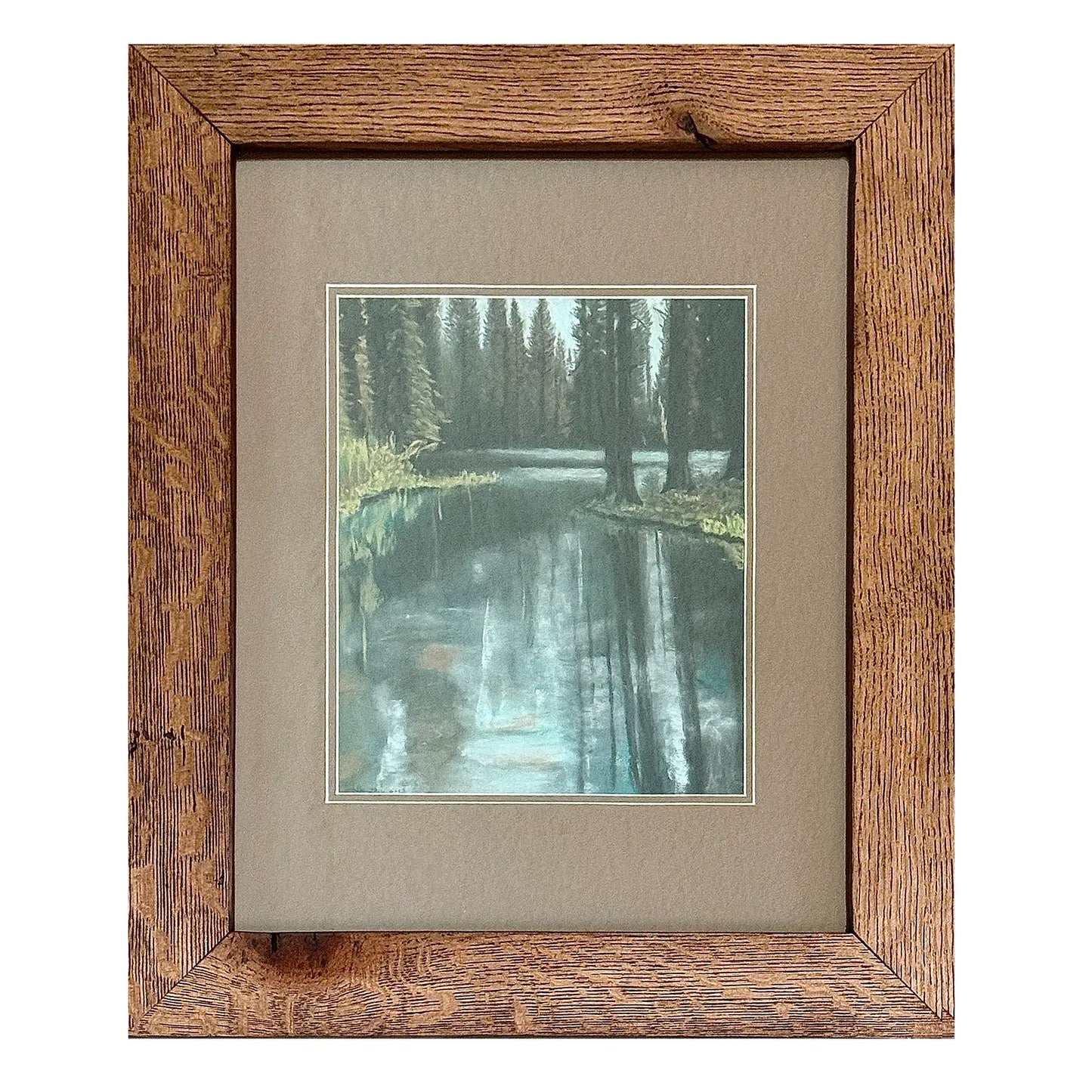 Emerald Reflection pastel artwork by Herb Heinrichs showing evergreen trees reflected in forest pond