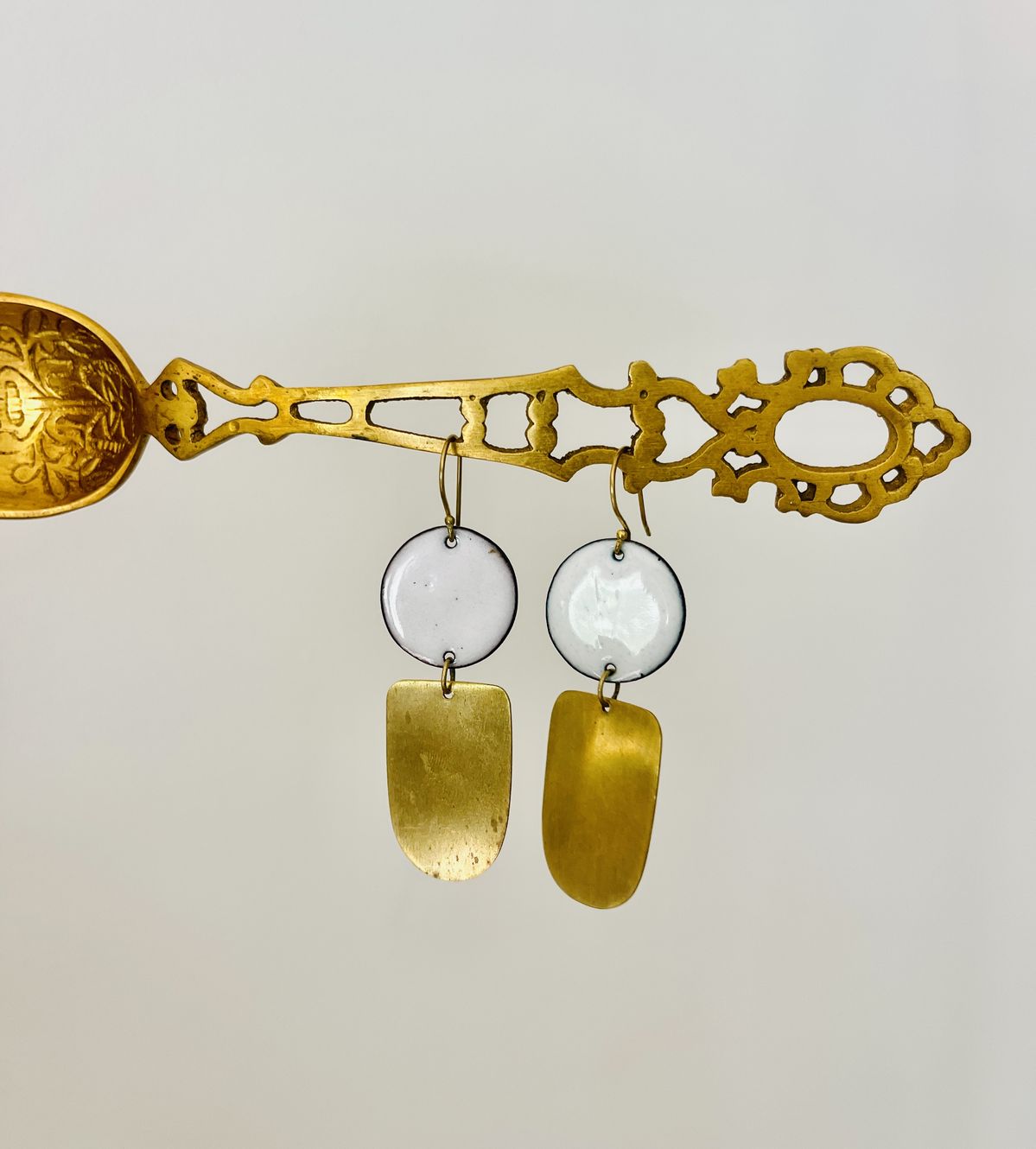 Brass Arch with White Enamel Circle Earrings