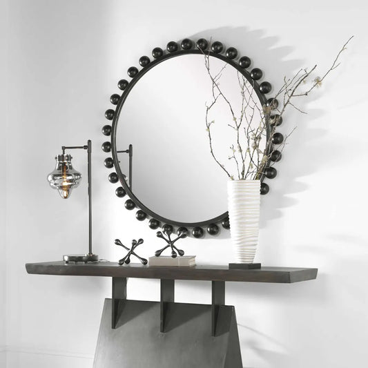 Black Beaded Round Mirror