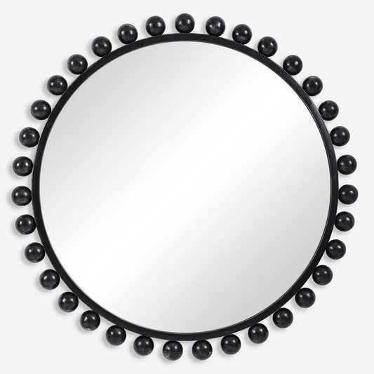 Black Beaded Round Mirror with distressed black finish and silver undertones