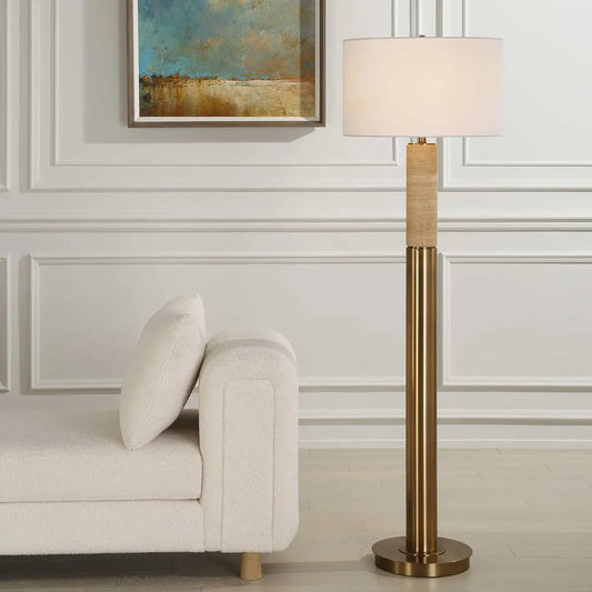 Brass & Travertine Floor Lamp