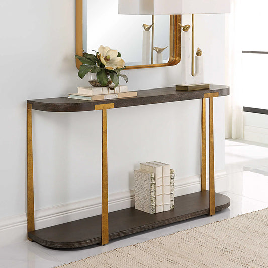 Contemporary Wood and Antique Gold Console Table