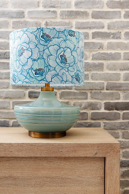 Aqua Table Lamp with Velvet Florals Handmade Lampshade