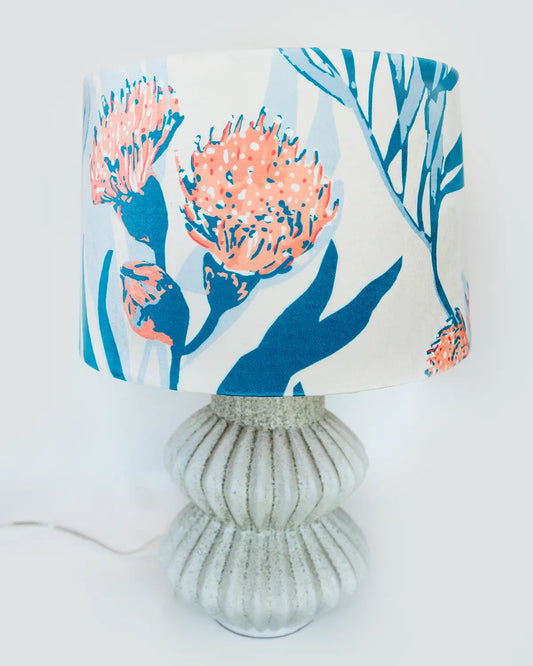White Fluted Terracotta Table Lamp with Velvet Handmade Lampshade