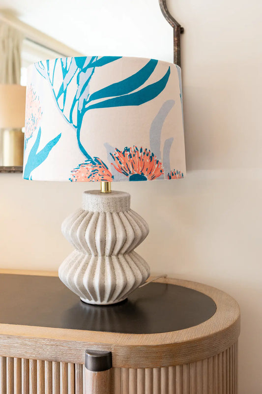 White Fluted Terracotta Table Lamp with Velvet Handmade Lampshade