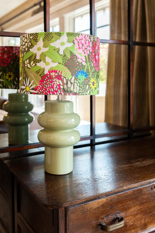 Green Table Lamp with Meadow Handmade Lampshade
