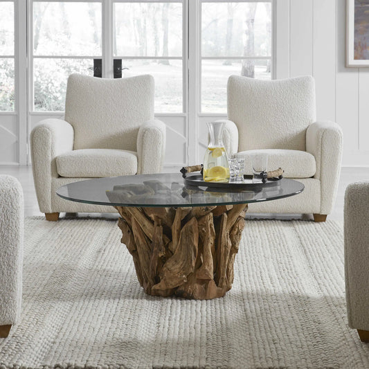 Glass Top Teak Driftwood Coffee Table