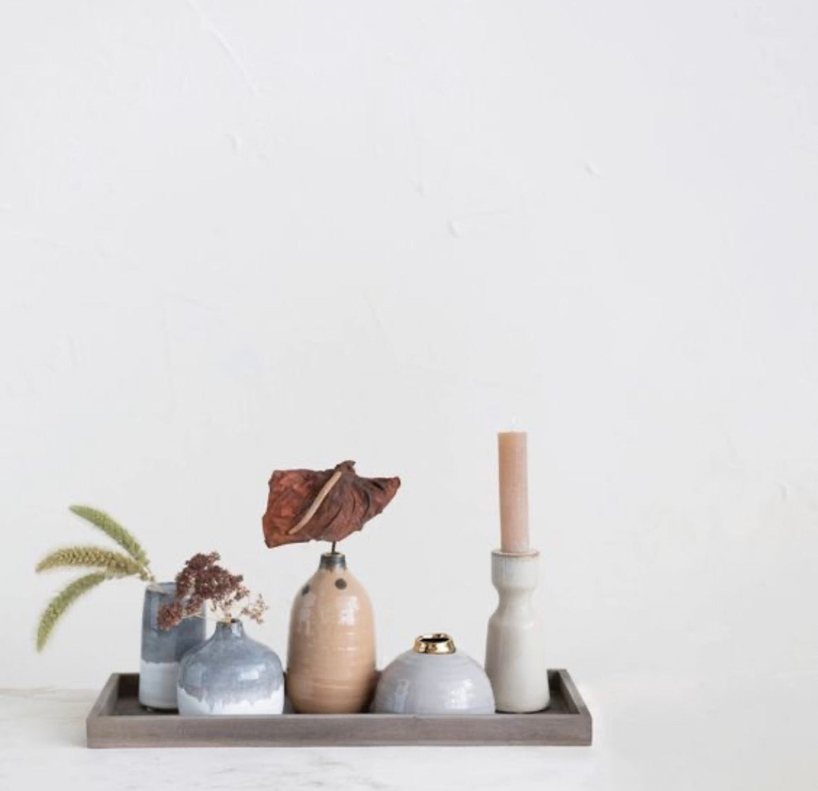 Mango Wood Tray w/ Vases and Taper Holder, set of 6