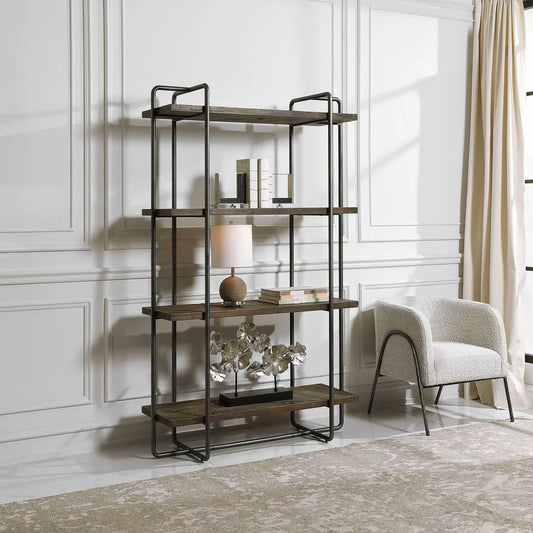 Industrial Floating Metal and Wood Bookcase