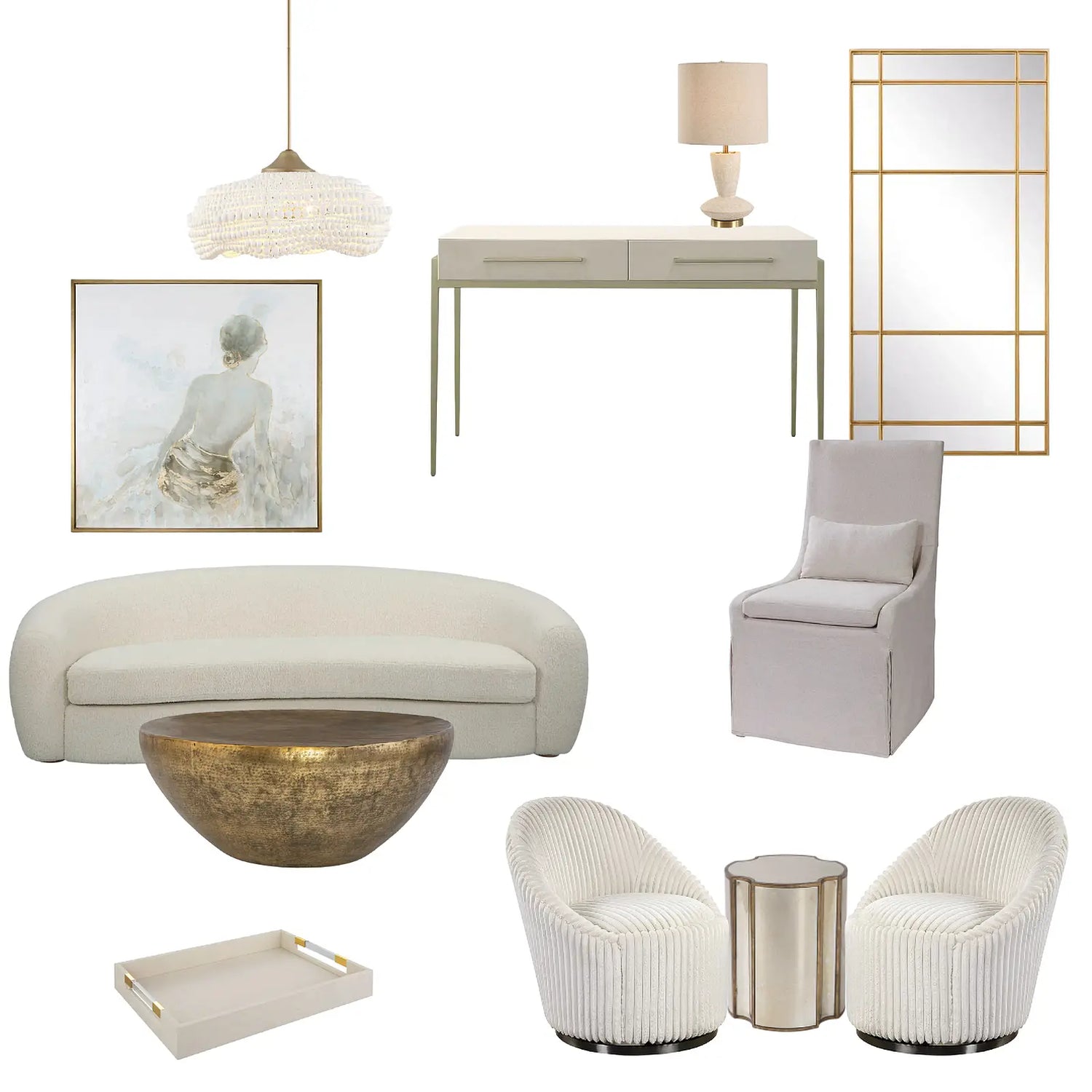 The Free Spirit Markeplace Ivory Edit features a curated collection of furniture pieces and accessories including a sofa, chairs, table, coffee table and decorative items all centered around the color ivory on a white background