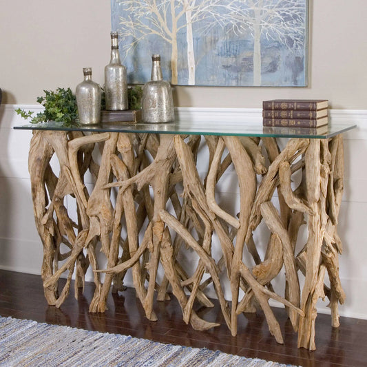 Natural Teak Wood and Glass Console Table