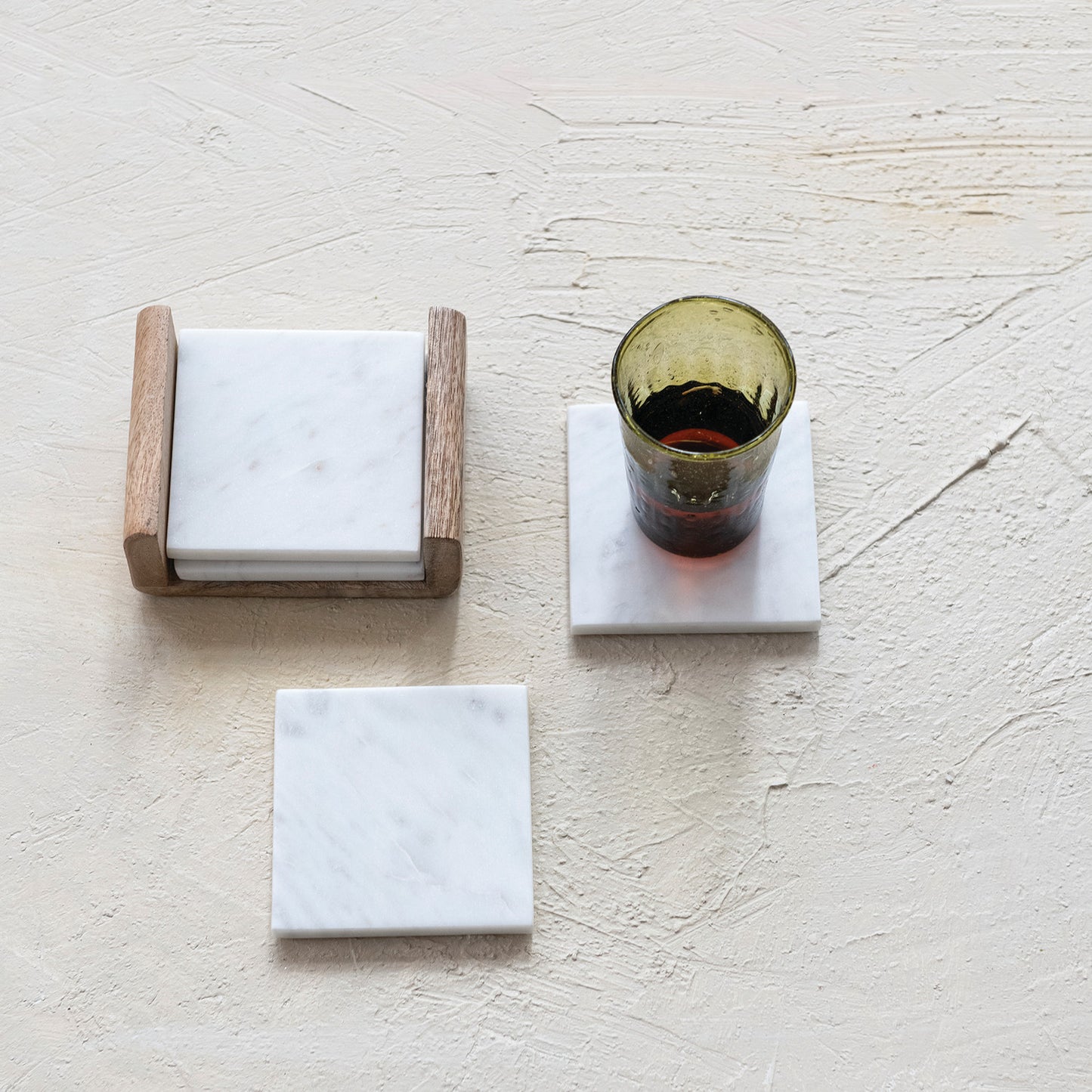 Marble Coasters with Mango Wood Holder, Set of 5
