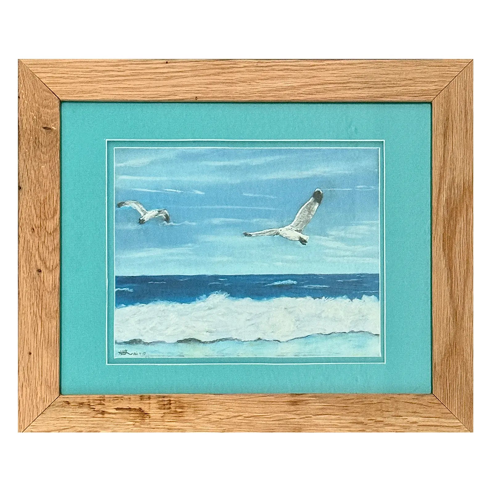 Dinner Time coastal pastel artwork by Herb Heinrichs showing seagulls flying above ocean waves