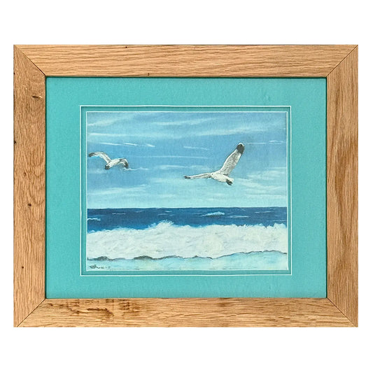 Dinner Time coastal pastel artwork by Herb Heinrichs showing seagulls flying above ocean waves