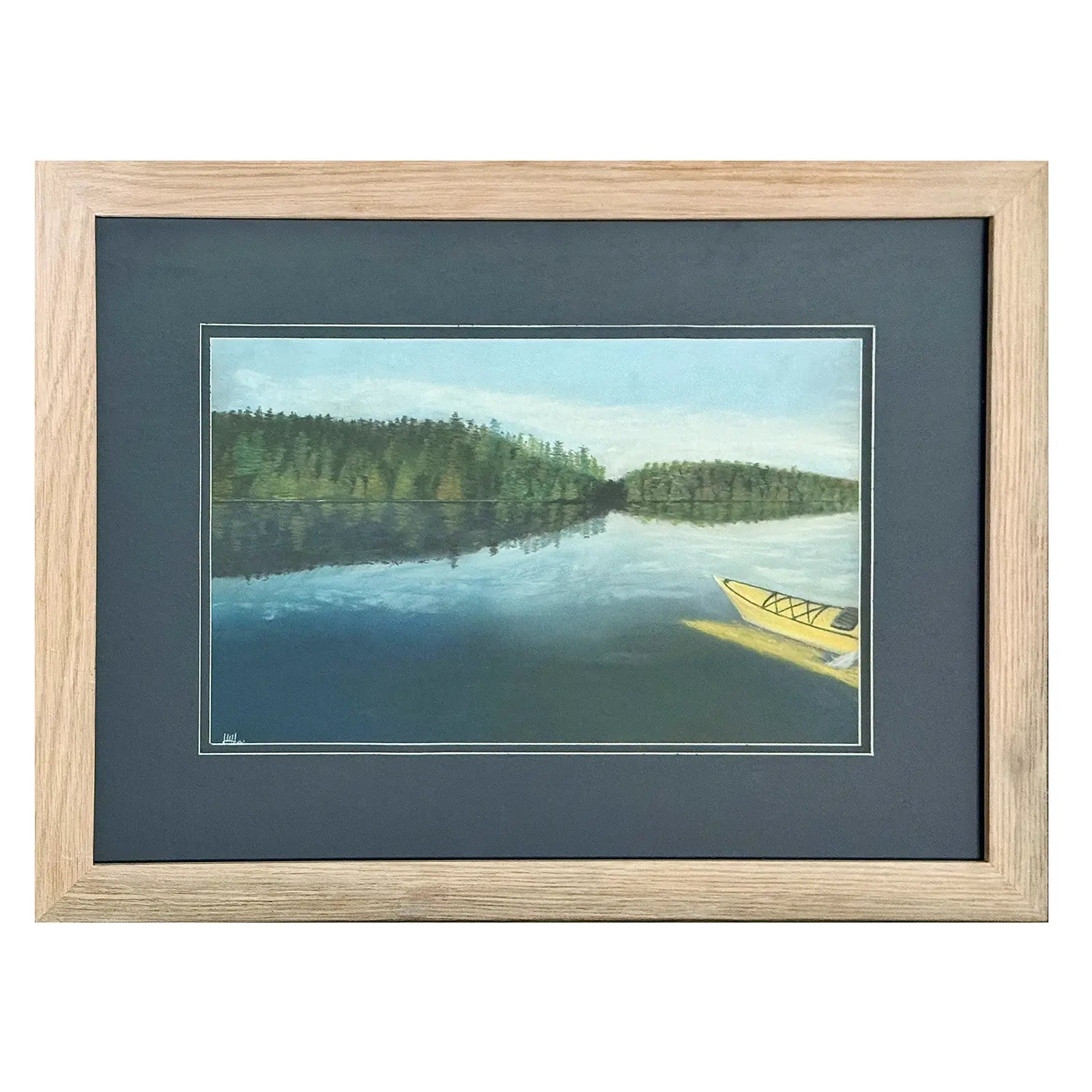 Where the Sky Rests pastel landscape by Herb Heinrichs showing canoe on calm reflective lake