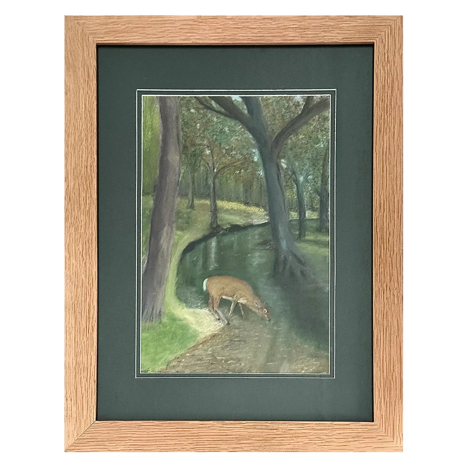 Whispering Water pastel artwork by Herb Heinrichs featuring deer beside a peaceful woodland stream